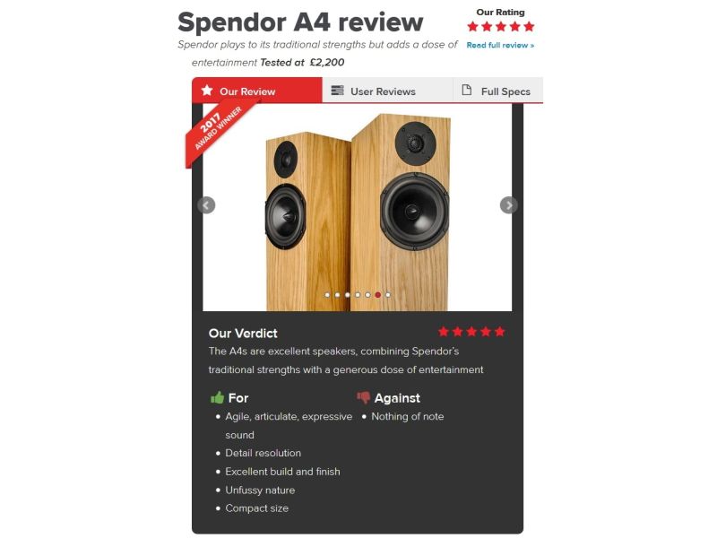 Spendor A4 , top raiting 5 stars απο το HiFi News για το 2017